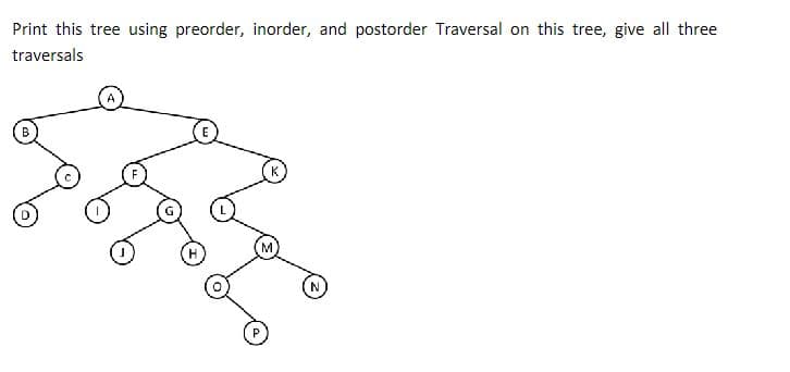 Print this tree using preorder, inorder, and postorder Traversal on this tree, give all three
traversals
K
M
N