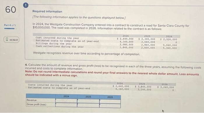 60
Part 4 of 5
03:16:07
Required information
[The following information applies to the questions displayed below.]
In 2024, the Westgate Construction Company entered into a contract to construct a road for Santa Clara County for
$10,000,000. The road was completed in 2026. Information related to the contract is as follows:
Cost incurred during the year
Estimated costs to complete as of year-end
Billings during the year
Cash collections during the year
Westgate recognizes revenue over time according to percentage of completion.
Coate incurred during the year
Estimated costs to complete as of year-end
Revenue
Gross profit (loss)
2024
2024
2025
$ 2,640,000 $ 2,300,000
6,160,000
2,660,000
2,080,000
2,860,000
1,040,000
2,800,000
4. Calculate the amount of revenue and gross profit (loss) to be recognized in each of the three years, assuming the following costs
incurred and costs to complete information..
Note: Do not round intermediate calculations and round your final answers to the nearest whole dollar amount. Loss amounts
should be indicated with a minus sign.
2025
2024
$ 2,640,000
6,160,000
2026
2026
$ 2,926,000
2025
$ 3,040,000
3,140,000
5,060,000
5,360,000
0
2026
$ 3,240,000
0