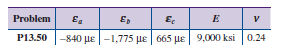 Problem
E
Ε
ν
P13.50
-840 με | -775 με| 665 με |
9,000 ksi 0.24
