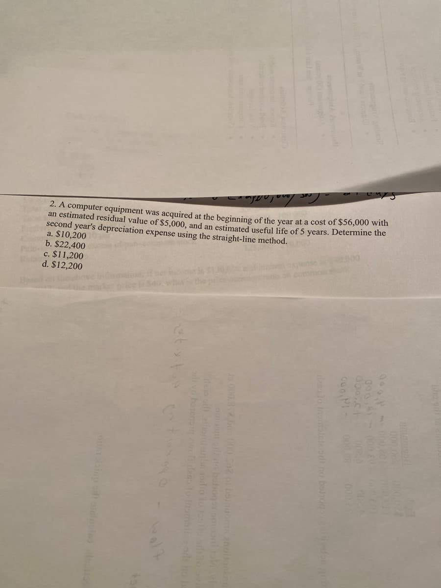 2. A computer equipment was acquired at the beginning of the vear at a cost of $56,000 with
an estimated residual value of $5,000, and an estimated useful life of 5 years. Determine the
second year's depreciation expense using the straight-line method.
a. $10,200
b. $22,400
c. $11,200
d. $12,200
ense 0.000
100
d horenoo
