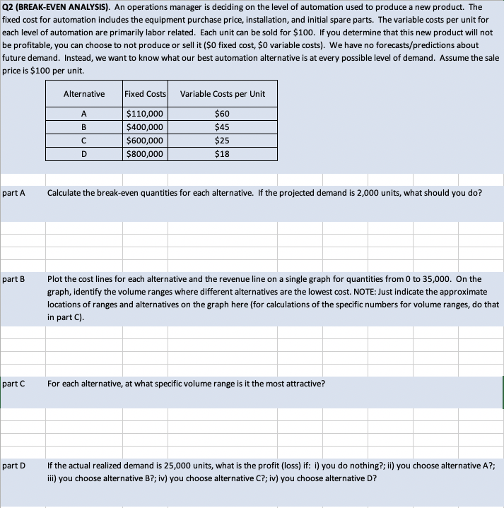 Q2 (BREAK-EVEN ANALYSIS). An operations manager is deciding on the level of automation used to produce a new product. The
fixed cost for automation includes the equipment purchase price, installation, and initial spare parts. The variable costs per unit for
each level of automation are primarily labor related. Each unit can be sold for $100. If you determine that this new product will not
be profitable, you can choose to not produce or sell it ($0 fixed cost, $0 variable costs). We have no forecasts/predictions about
future demand. Instead, we want to know what our best automation alternative is at every possible level of demand. Assume the sale
price is $100 per unit.
part A
part B
part C
part D
Alternative
A
B
C
D
Fixed Costs Variable Costs per Unit
$60
$45
$110,000
$400,000
$600,000
$800,000
$25
$18
Calculate the break-even quantities for each alternative. If the projected demand is 2,000 units, what should you do?
Plot the cost lines for each alternative and the revenue line on a single graph for quantities from 0 to 35,000. On the
graph, identify the volume ranges where different alternatives are the lowest cost. NOTE: Just indicate the approximate
locations of ranges and alternatives on the graph here (for calculations of the specific numbers for volume ranges, do that
in part C).
For each alternative, at what specific volume range is it the most attractive?
If the actual realized demand is 25,000 units, what is the profit (loss) if: i) you do nothing?; ii) you choose alternative A?;
iii) you choose alternative B?; iv) you choose alternative C?; iv) you choose alternative D?