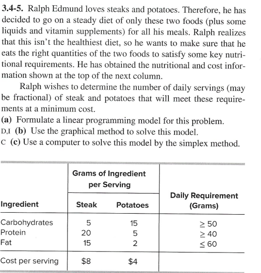 3.4-5. Ralph Edmund loves steaks and potatoes. Therefore, he has
decided to go on a steady diet of only these two foods (plus some
liquids and vitamin supplements) for all his meals. Ralph realizes
that this isn't the healthiest diet, so he wants to make sure that he
eats the right quantities of the two foods to satisfy some key nutri-
tional requirements. He has obtained the nutritional and cost infor-
mation shown at the top of the next column.
Ralph wishes to determine the number of daily servings (may
be fractional) of steak and potatoes that will meet these require-
ments at a minimum cost.
(a) Formulate a linear programming model for this problem.
DI (b) Use the graphical method to solve this model.
c (c) Use a computer to solve this model by the simplex method.
Ingredient
Carbohydrates
Protein
Fat
Cost per serving
Grams of Ingredient
per Serving
Steak
5
20
15
$8
Potatoes
552
15
$4
Daily Requirement
(Grams)
≥ 50
≥ 40
≤ 60