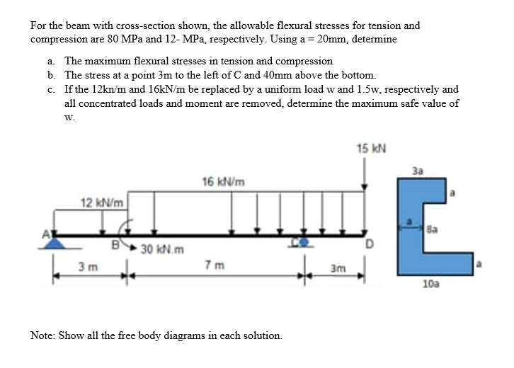 For the beam with cross-section shown, the allowable flexural stresses for tension and
compression are 80 MPa and 12- MPa, respectively. Using a = 20mm, determine
a. The maximum flexural stresses in tension and compression
b. The stress at a point 3m to the left of C and 40mm above the bottom.
c. If the 12kn/m and 16kN/m be replaced by a uniform load w and 1.5w, respectively and
all concentrated loads and moment are removed, determine the maximum safe value of
W.
15 kN
За
16 kN/m
12 kN/m
Ba
BY
10 kN.m
7 m
30
3 m
3m
10a
Note: Show all the free body diagrams in each solution.
