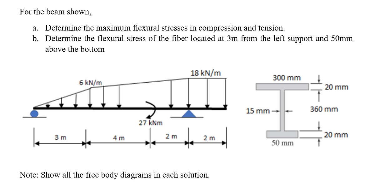 For the beam shown,
a. Determine the maximum flexural stresses in compression and tension.
b. Determine the flexural stress of the fiber located at 3m from the left support and 50mm
above the bottom
18 kN/m
300 mm
6 kN/m
20 mm
15 mm-
360 mm
27 kNm
to
3 m
4 m
2 m
2 m
20 mm
50 mm
Note: Show all the free body diagrams in each solution.
