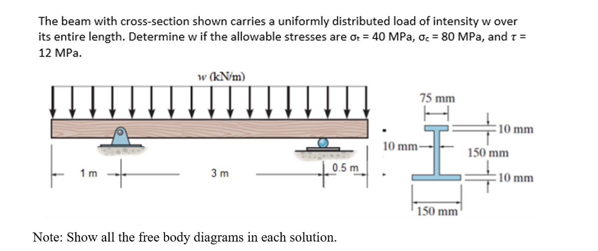 The beam with cross-section shown carries a uniformly distributed load of intensity w over
its entire length. Determine w if the allowable stresses are ot = 40 MPa, oc = 80 MPa, and T =
12 MPa.
w (kN/m)
75 mm
10 mm
0.5 m
1m
10 mm
+
3 m
Note: Show all the free body diagrams in each solution.
10 mm-
150 mm
150 mm