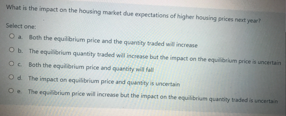 What is the impact on the housing market due expectations of higher housing prices next year?
Select one:
O a.
Both the equilibrium price and the quantity traded will increase
O b. The equilibrium quantity traded will increase but the impact on the equilibrium price is uncertain
O c. Both the equilibrium price and quantity will fall
O d. The impact on equilibrium price and quantity is uncertain
O e.
The equilibrium price will increase but the impact on the equilibrium quantity traded is uncertain
