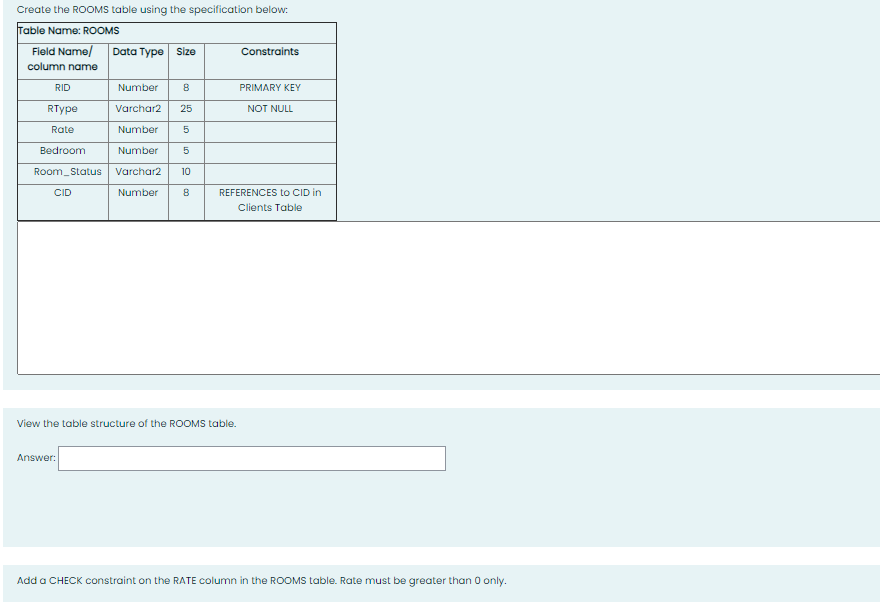 Create the ROOMS table using the specification below:
Table Name: ROOMS
Field Name/
Data Type Size
Constraints
column name
RID
Number
8.
PRIMARY KEY
RType
Varchar2
25
NOT NULL
Rate
Number
5
Bedroom
Number
Room_Status
Varchar2
10
CID
Number
REFERENCES to CID in
Clients Table
View the table structure of the ROOMS table.
Answer:
Add a CHECK constraint on the RATE column in the ROOMS table. Rate must be greater than O only.
