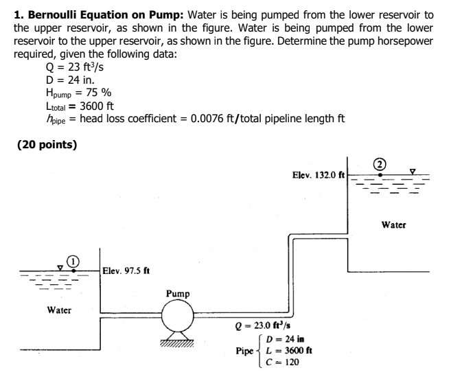 1. Bernoulli Equation on Pump: Water is being pumped from the lower reservoir to
the upper reservoir, as shown in the figure. Water is being pumped from the lower
reservoir to the upper reservoir, as shown in the figure. Determine the pump horsepower
required, given the following data:
Q = 23 ft/s
D = 24 in.
Hpump = 75 %
Ltotal = 3600 ft
hoipe = head loss coefficient = 0.0076 ft/total pipeline length ft
(20 points)
Elev. 132.0 ft
Water
Elev. 97.5 ft
Pump
Water
Q = 23.0 ft/s
D = 24 in
Pipe { L = 3600 ft
C = 120
