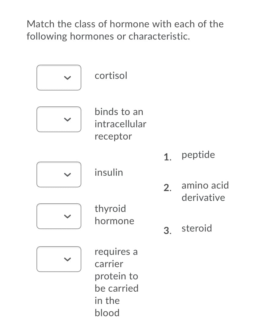 Match the class of hormone with each of the
following hormones or characteristic.
cortisol
binds to an
intracellular
receptor
1. peptide
insulin
2. amino acid
derivative
thyroid
hormone
3. steroid
requires a
carrier
protein to
be carried
in the
blood
>
