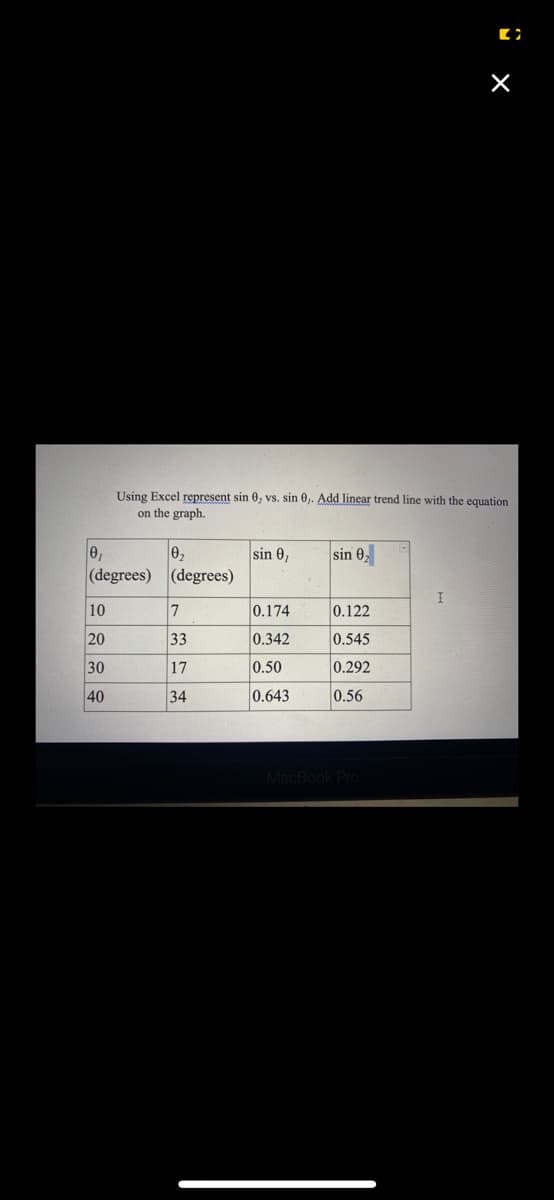Using Excel represent sin 0, vs. sin 0,. Add linear trend line with the equation
on the graph.
e,
(degrees) (degrees)
sin 0,
sin 0,
10
0.174
0.122
20
33
0.342
0.545
30
17
0.50
0.292
40
34
0.643
0.56
MacBoo
