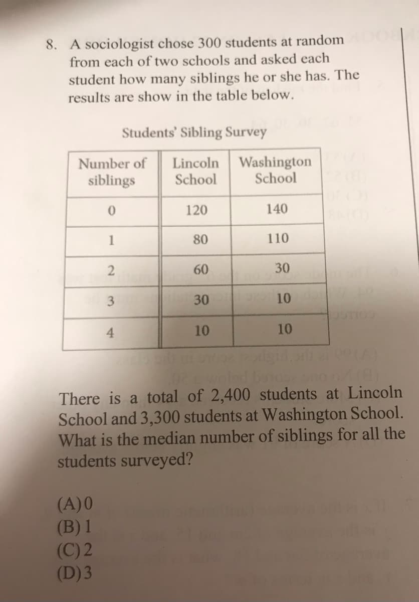 8. A sociologist chose 300 students at random
from each of two schools and asked each
student how many siblings he or she has. The
results are show in the table below.
Students' Sibling Survey
Number of
Lincoln Washington
School
siblings
School
120
140
1
80
110
60
30
30
10
4
10
10
()
There is a total of 2,400 students at Lincoln
School and 3,300 students at Washington School.
What is the median number of siblings for all the
students surveyed?
(A)0
(B) 1
(C) 2
(D)3
