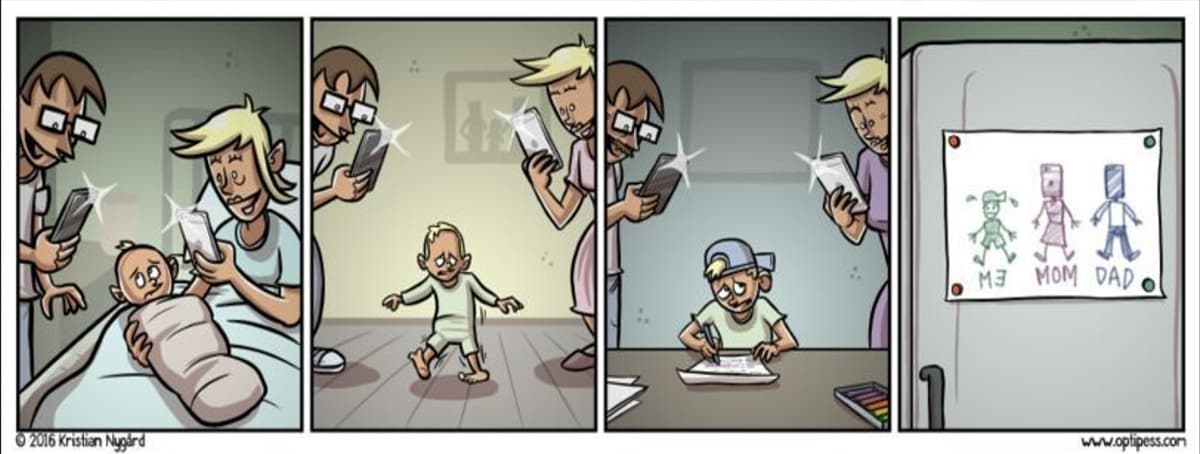 ### The Evolution of Family Memories Through Art and Technology

In this comic strip, the transition and evolution of recording family memories are depicted through simple visual storytelling. The strip is divided into four panels, showing different stages in the life of a child and how his parents celebrate and document these moments.

**Panel 1: The Birth**
- The first panel shows a newborn baby wrapped in a blanket, held by one parent while the other parent is taking a photo with their smartphone. Both parents are smiling, illustrating the excitement and joy of welcoming a new member to the family.

**Panel 2: First Steps**
- In the second panel, the baby has grown into a toddler taking his first steps. Again, both parents are present, capturing this precious milestone with their smartphones. The scene highlights the use of technology in documenting important events in their child's life.

**Panel 3: Drawing with Focus**
- The third panel shows the boy, now a bit older, intently focused on drawing at a table with colored pencils. In the background, the parents are still taking photos, cherishing the everyday moments of their child's growing creativity and expression.

**Panel 4: Expression through Art**
- The final panel reveals the child’s finished drawing, which is pinned to a refrigerator. In his drawing, he has depicted himself and his parents, labeled "ME," "MOM," and "DAD." The art is simple and endearing, showing the child's perspective and sense of family through his artwork.

This comic strip beautifully captures the essence of family, love, and the different methods of preserving memories, shifting from the parents' usage of modern technology to the child's timeless and heartfelt expression of family through drawing.