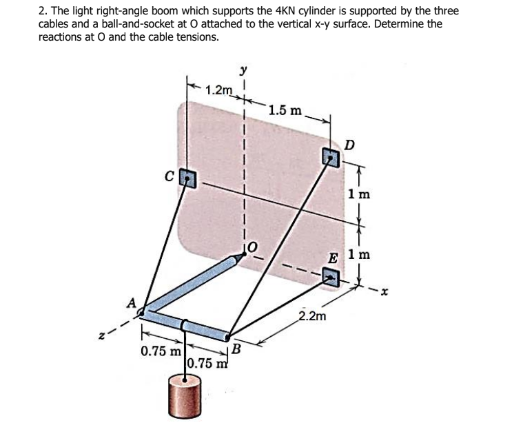 2. The light right-angle boom which supports the 4KN cylinder is supported by the three
cables and a ball-and-socket at O attached to the vertical x-y surface. Determine the
reactions at O and the cable tensions.
у
1.2m
1.5 m
D
C
1m
E 1m
A
2.2m
B
0.75 m
0.75 m
