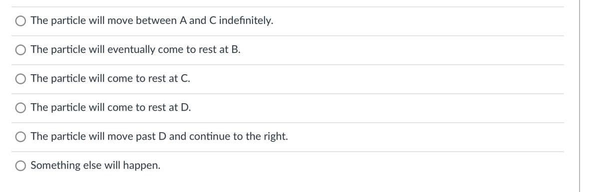 The particle will move between A and C indefinitely.
The particle will eventually come to rest at B.
The particle will come to rest at C.
The particle will come to rest at D.
The particle will move past D and continue to the right.
Something else will happen.
