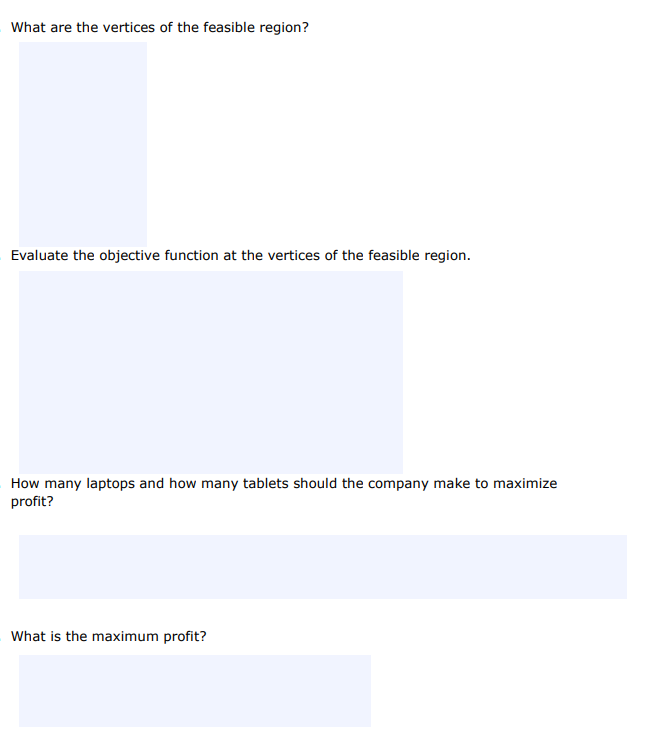 What are the vertices of the feasible region?
Evaluate the objective function at the vertices of the feasible region.
How many laptops and how many tablets should the company make to maximize
profit?
What is the maximum profit?