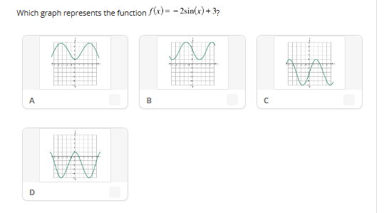 Which graph represents the function f(x) = -2sin(x)+37
A
D
M M ME
W
VA
B
с