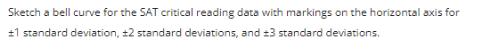 **Transcription for Educational Website:**

---

**Title: Understanding the Bell Curve in SAT Critical Reading Scores**

**Objective:**
To sketch a bell curve for the SAT critical reading data marking on the horizontal axis for:
- ±1 standard deviation
- ±2 standard deviations
- ±3 standard deviations

**Instructions:**

1. **Sketch a Bell Curve:**
   - Draw a symmetrical bell-shaped curve on a graph paper to represent the distribution of SAT critical reading scores.
   
2. **Mark the Mean (Center) Point:**
   - Identify the peak point of the curve, which represents the mean (average score) of the SAT critical reading data.
   
3. **Mark Standard Deviations:**
   - On the horizontal axis (x-axis), evenly space out three standard deviation intervals on both sides of the mean.
   - **±1 Standard Deviation:** 
     - Mark two points, one to the right (+1 standard deviation) and one to the left (-1 standard deviation) from the mean.
   - **±2 Standard Deviations:**
     - Mark two more points further away from the mean at two standard deviations right (+2 standard deviations) and left (-2 standard deviations).
   - **±3 Standard Deviations:**
     - Mark two additional points further away from the mean at three standard deviations right (+3 standard deviations) and left (-3 standard deviations).

### Explanation of Diagram:

- **Horizontal Axis:**
  - It represents the range of SAT critical reading scores.
  - The mean is situated at the center.
  - Points at ±1, ±2, and ±3 standard deviations should be labeled accordingly.

- **Vertical Axis:**
  - It represents the frequency or probability density of the scores.

### Key Points to Note:

- **1 Standard Deviation (±1σ):**
  - Approximately 68% of the data falls within this range.
  
- **2 Standard Deviations (±2σ):**
  - Approximately 95% of data falls within this range.
  
- **3 Standard Deviations (±3σ):**
  - Approximately 99.7% of data falls within this range.

By understanding this bell curve, students and educators can better visualize and comprehend the distribution of SAT critical reading scores and the significance of standard deviations in statistical analysis.

---