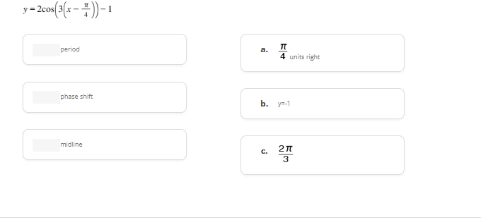 y=2cos3x = $))-1
period
phase shift
midline
B.
T
.
E|
4 units right
b. y=-1
2T
3