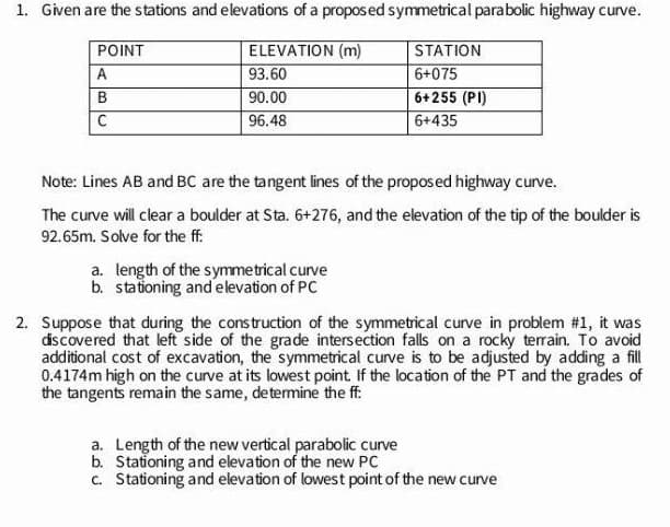 1. Given are the stations and elevations of a proposed symmetrical parabolic highway curve.
POINT
ELEVATION (m)
STATION
A
6+075
6+255 (PI)
93.60
90.00
96.48
C
6+435
Note: Lines AB and BC are the tangent lines of the proposed highway curve.
The curve will clear a boulder at Sta. 6+276, and the elevation of the tip of the boulder is
92.65m. Solve for the ff:
a. length of the symmetrical curve
b. stationing and elevation of PC
2. Suppose that during the construction of the symmetrical curve in problem #1, it was
dscovered that left side of the grade intersection falls on a rocky terrain. To avoid
additional cost of excavation, the symmetrical curve is to be adjusted by adding a fill
0.4174m high on the curve at its lowest point. If the location of the PT and the grades of
the tangents remain the same, detemine the ff:
a. Length of the new vertical parabolic curve
b. Stationing and elevation of the new PC
C. Stationing and elevation of lowest point of the new curve
