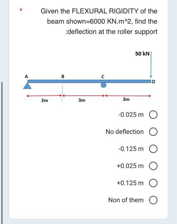 A
Given the FLEXURAL RIGIDITY of the
beam shown=6000 KN.m^2, find the
:deflection at the roller support
2m
B
3m
C
3m
50 kN
ID
-0.025 m O
No deflection O
-0.125 m O
+0.025 m O
+0.125 m O
Non of them O