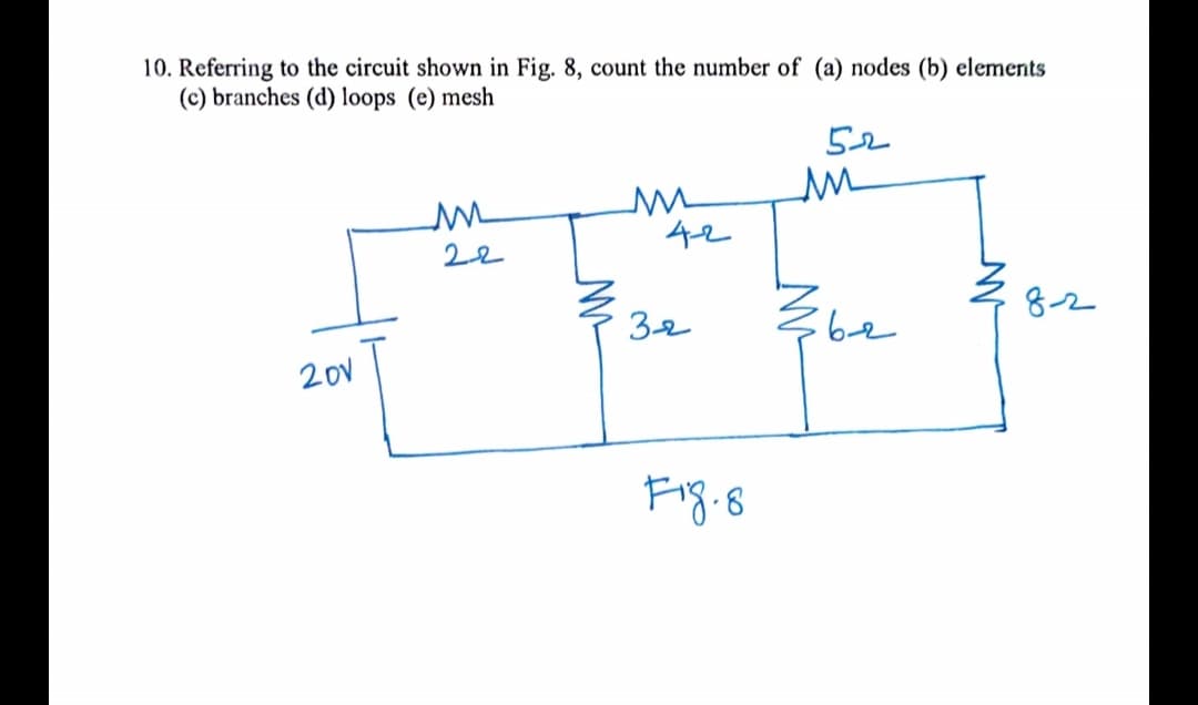 10. Referring to the circuit shown in Fig. 8, count the number of (a) nodes (b) elements
(c) branches (d) loops (e) mesh
Zbe
8-2
32
20v
Fig.8
