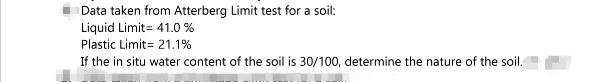 Data taken from Atterberg Limit test for a soil:
Liquid Limit= 41.0 %
Plastic Limit= 21.1%
If the in situ water content of the soil is 30/100, determine the nature of the soil.
