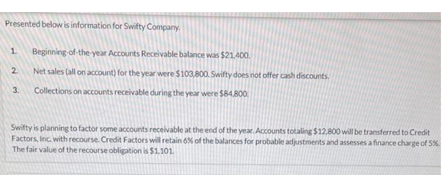 Presented below is information for Swifty Company.
Beginning-of-the-year Accounts Receivable balance was $21,400.
2.
Net sales (all on account) for the year were $103,800. Swifty does not offer cash discounts.
Collections on accounts receivable during the year were $84,800.
Swifty is planning to factor some accounts receivable at the end of the year. Accounts totaling $12,800 will be transferred to Credit
Factors, Inc. with recourse. Credit Factors will retain 6% of the balances for probable adjustments and assesses a finance charge of 5%.
The fair value of the recourse obligation is $1,101.
1.
3.
