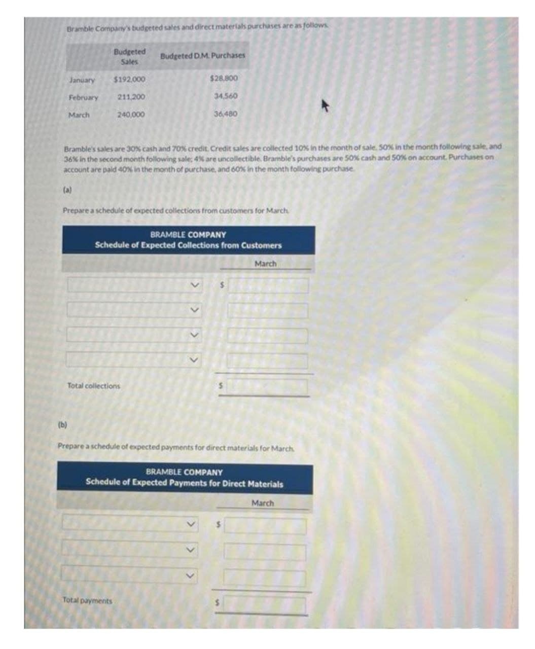 Bramble Company's budgeted sales and direct materials purchases are as follows
Budgeted
Sales
Budgeted D.M. Purchases
January
$192,000
$28.800
February
211,200
34,560
March
240,000
36,480
Bramble's sales are 30% cash and 70% credit. Credit sales are collected 10% in the month of sale. 50% in the month following sale, and
36% in the second month following sale; 4% are uncollectible. Bramble's purchases are 50% cash and 50% on account. Purchases on
account are paid 40x in the month of purchase, and 60% in the month following purchase.
(a)
Prepare a schedule of expected collections from customers for March
BRAMBLE COMPANY
Schedule of Expected Collections from Customers
March
%$4
Total collections
(b)
Prepare a schedule of expected payments for direct materials for March
BRAMBLE COMPANY
Schedule of Expected Payments for Direct Materials
March
Total payments
