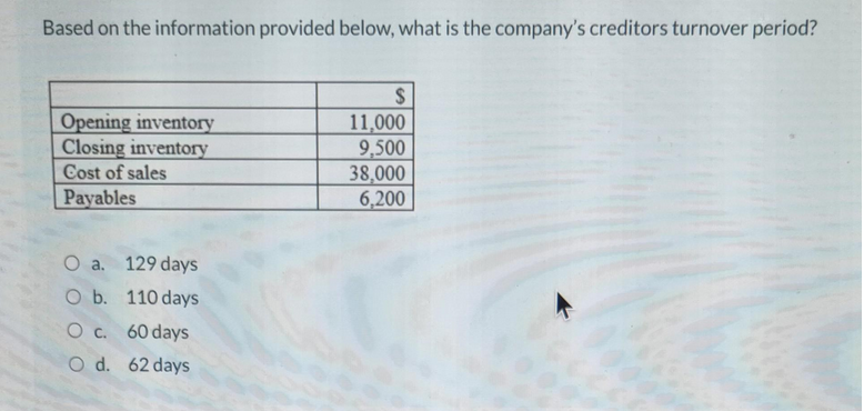 Based on the information provided below, what is the company's creditors turnover period?
Opening inventory
Closing inventory
Cost of sales
2$
11,000
9,500
38,000
6,200
Payables
O a. 129 days
O b. 110 days
O c. 60 days
O d. 62 days
