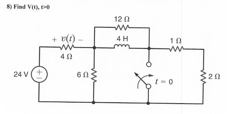 8) Find V(t), t>0
12 0
+ v(t)
4 H
1 Ω
24 V (+
6Ω
20
