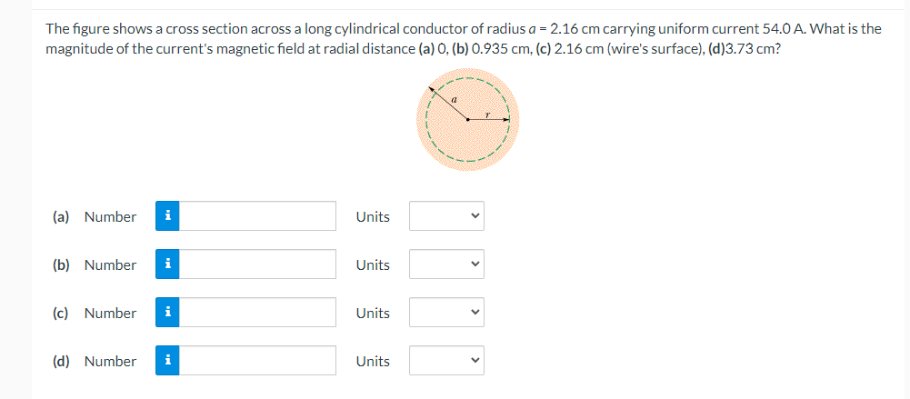 The figure shows a cross section across a long cylindrical conductor of radius a = 2.16 cm carrying uniform current 54.O A. What is the
magnitude of the current's magnetic field at radial distance (a) 0, (b) 0.935 cm, (c) 2.16 cm (wire's surface), (d)3.73 cm?
(a) Number
i
Units
(b) Number
i
Units
(c) Number
i
Units
(d) Number
i
Units
