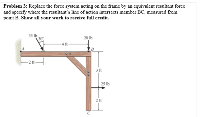 Problem 3: Replace the force system acting on the frame by an equivalent resultant force
and specify where the resultant's line of action intersects member BC, measured from
point B. Show all your work to receive full credit.
35 lb
20 Ib
- 4 ft-
- 2 ft-
3 ft
25 lb
2 ft
