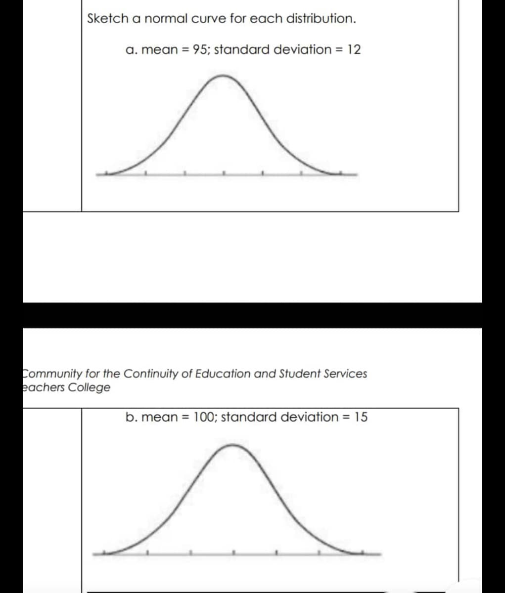 Sketch a normal curve for each distribution.
a. mean = 95; standard deviation = 12
Community for the Continuity of Education and Student Services
eachers College
b. mean = 100; standard deviation = 15