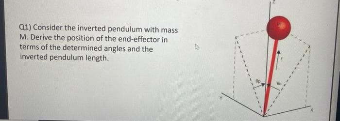 Q1) Consider the inverted pendulum with mass
M. Derive the position of the end-effector in
terms of the determined angles and the
inverted pendulum length.
