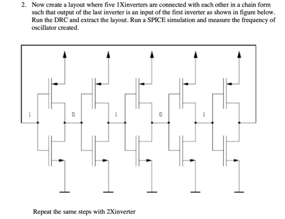 2. Now create a layout where five 1Xinverters are connected with each other in a chain form
such that output of the last inverter is an input of the first inverter as shown in figure below.
Run the DRC and extract the layout. Run a SPICE simulation and measure the frequency of
oscillator created.
1
Repeat the same steps with 2Xinverter
