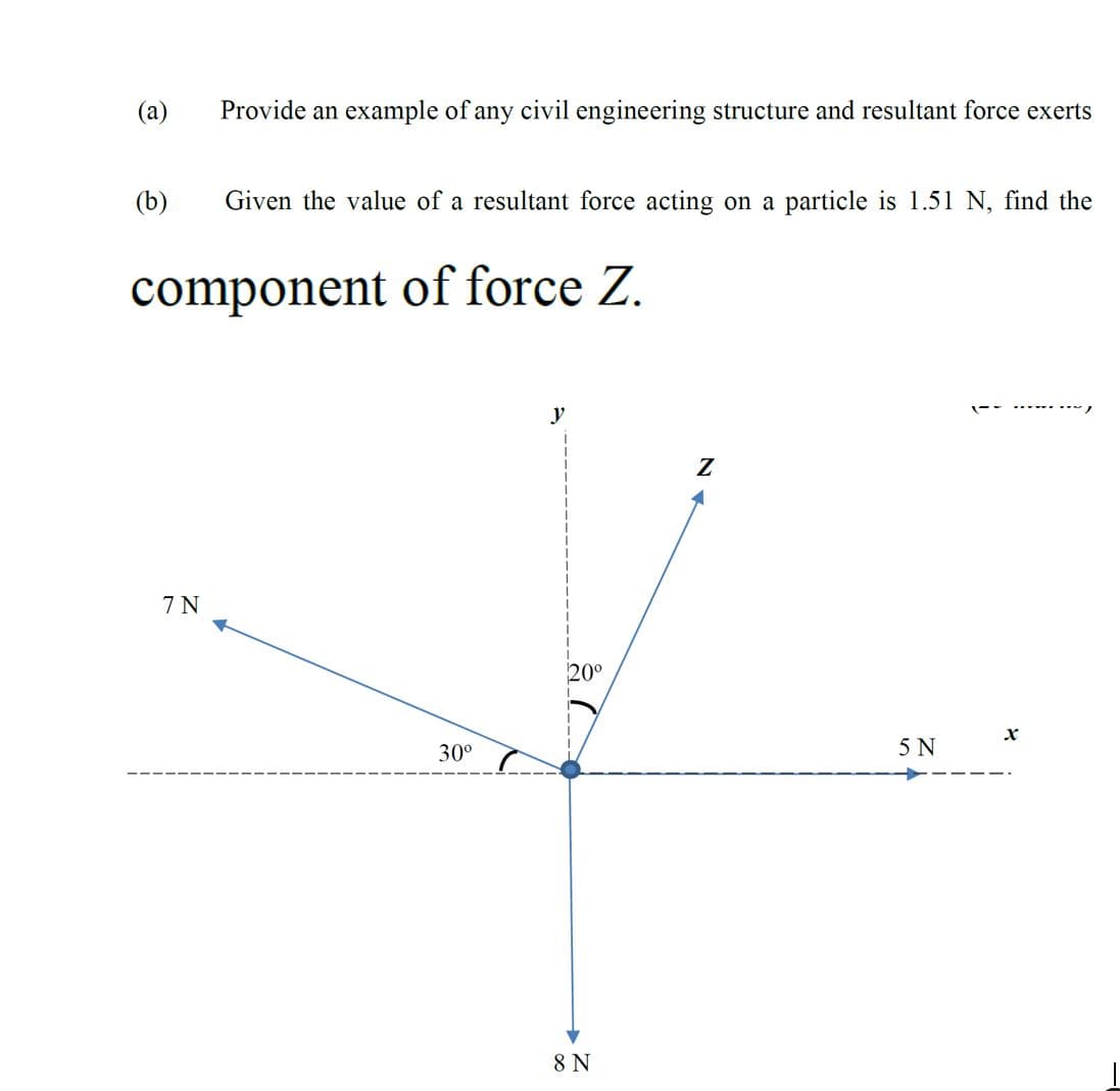 (а)
Provide an example of any civil engineering structure and resultant force exerts
(b)
Given the value of a resultant force acting on a particle is 1.51 N, find the
component of force Z.
y
7 N
20°
30°
5 N
8 N
