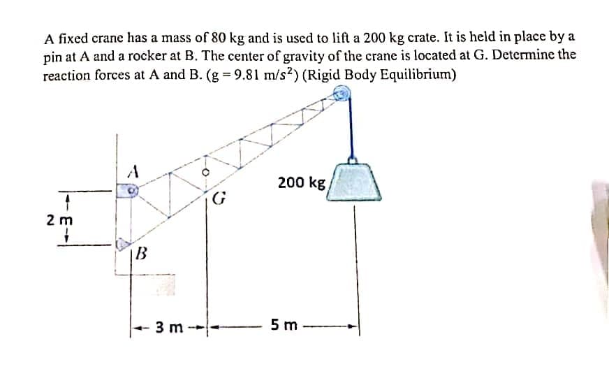 A fixed crane has a mass of 80 kg and is used to lift a 200 kg crate. It is held in place by a
pin at A and a rocker at B. The center of gravity of the crane is located at G. Determine the
reaction forces at A and B. (g = 9.81 m/s2) (Rigid Body Equilibrium)
2 m
B
3 m
G
200 kg/
5 m