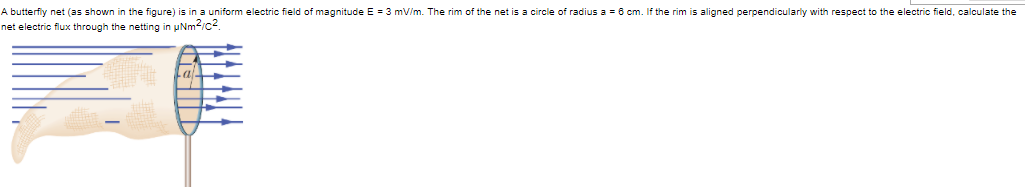 A butterfiy net (as shown in the figure) is in a uniform electric field of magnitude E = 3 mV/m. The rim of the net is a circle of radius a = 6 cm. If the rim is aligned perpendicularly with respect to the electric field, calculate the
net electrio flux through the netting in pNm2/c2.
