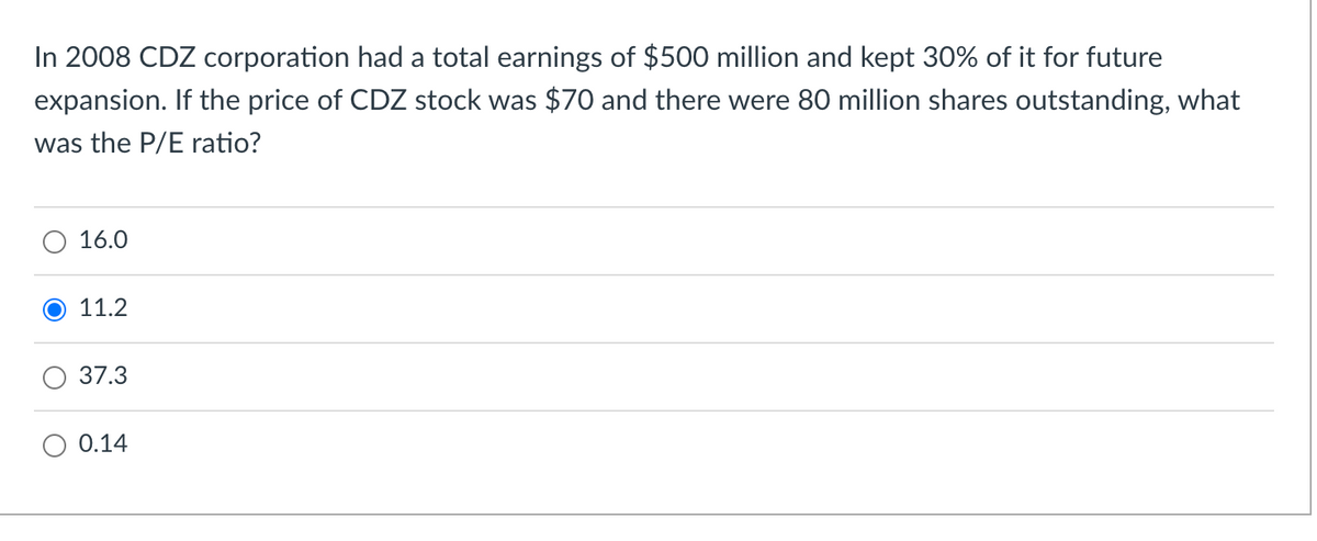 In 2008 CDZ corporation had a total earnings of $500 million and kept 30% of it for future
expansion. If the price of CDZ stock was $70 and there were 80 million shares outstanding, what
was the P/E ratio?
16.0
11.2
37.3
O 0.14