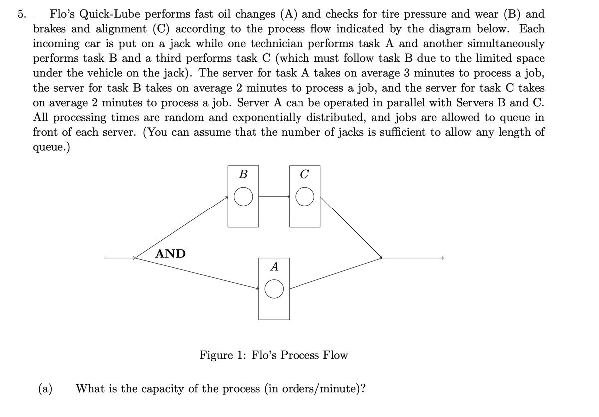 5. Flo's Quick-Lube performs fast oil changes (A) and checks for tire pressure and wear (B) and
brakes and alignment (C) according to the process flow indicated by the diagram below. Each
incoming car is put on a jack while one technician performs task A and another simultaneously
performs task B and a third performs task C (which must follow task B due to the limited space
under the vehicle on the jack). The server for task A takes on average 3 minutes to process a job,
the server for task B takes on average 2 minutes to process a job, and the server for task C takes
on average 2 minutes to process a job. Server A can be operated in parallel with Servers B and C.
All processing times are random and exponentially distributed, and jobs are allowed to queue in
front of each server. (You can assume that the number of jacks is sufficient to allow any length of
queue.)
(a)
AND
B
A
C
Figure 1: Flo's Process Flow
What is the capacity of the process (in orders/minute)?