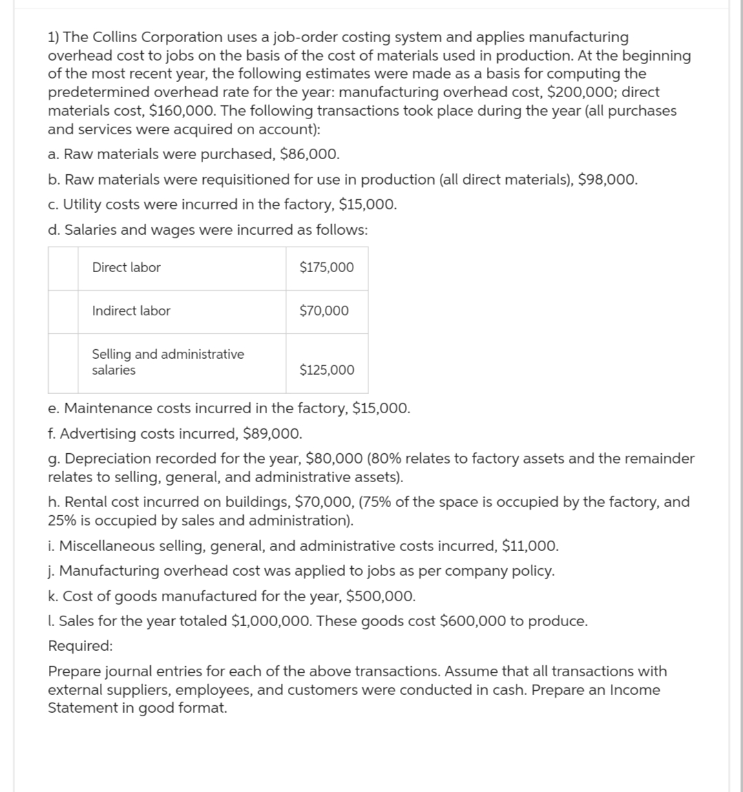 1) The Collins Corporation uses a job-order costing system and applies manufacturing
overhead cost to jobs on the basis of the cost of materials used in production. At the beginning
of the most recent year, the following estimates were made as a basis for computing the
predetermined overhead rate for the year: manufacturing overhead cost, $200,000; direct
materials cost, $160,000. The following transactions took place during the year (all purchases
and services were acquired on account):
a. Raw materials were purchased, $86,000.
b. Raw materials were requisitioned for use in production (all direct materials), $98,000.
c. Utility costs were incurred in the factory, $15,000.
d. Salaries and wages were incurred as follows:
Direct labor
Indirect labor
Selling and administrative
salaries
$175,000
$70,000
$125,000
e. Maintenance costs incurred in the factory, $15,000.
f. Advertising costs incurred, $89,000.
g. Depreciation recorded for the year, $80,000 (80% relates to factory assets and the remainder
relates to selling, general, and administrative assets).
h. Rental cost incurred on buildings, $70,000, (75% of the space is occupied by the factory, and
25% is occupied by sales and administration).
i. Miscellaneous selling, general, and administrative costs incurred, $11,000.
j. Manufacturing overhead cost was applied to jobs as per company policy.
k. Cost of goods manufactured for the year, $500,000.
1. Sales for the year totaled $1,000,000. These goods cost $600,000 to produce.
Required:
Prepare journal entries for each of the above transactions. Assume that all transactions with
external suppliers, employees, and customers were conducted in cash. Prepare an Income
Statement in good format.