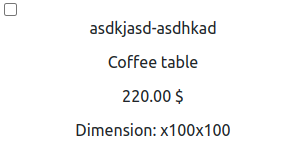 asdkjasd-asdhkad
Coffee table
220.00 $
Dimension: x100x100