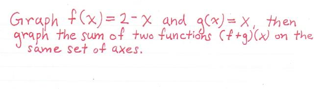 Graph f(x)= 2-x and g(x)= x, then
graph the sum of two functións (f +g)(x on the
sáme set of axes.
