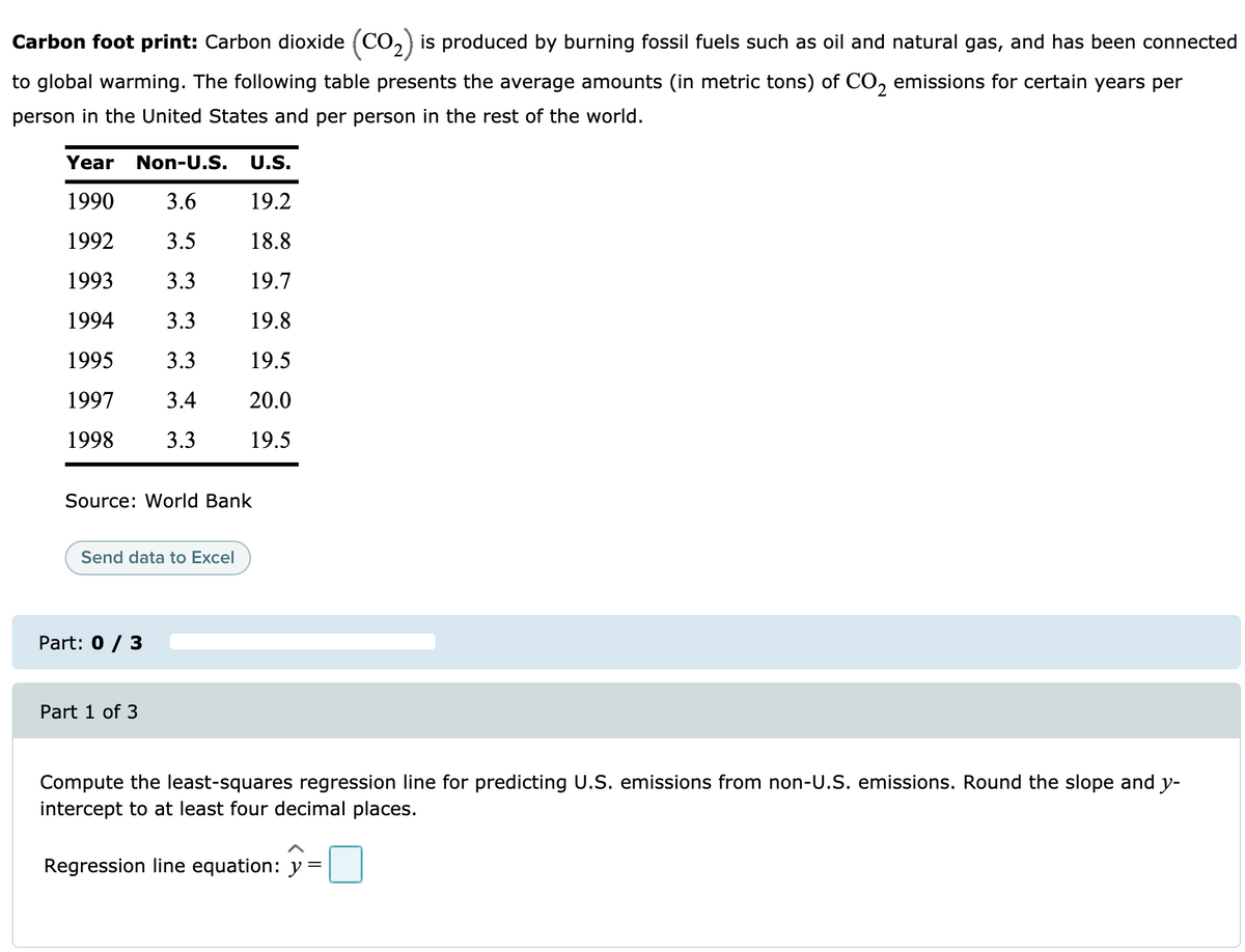 Carbon foot print: Carbon dioxide (CO, is produced by burning fossil fuels such as oil and natural gas, and has been connected
to global warming. The following table presents the average amounts (in metric tons) of CO, emissions for certain years per
person in the United States and per person in the rest of the world.
Year
Non-U.S.
U.S.
1990
3.6
19.2
1992
3.5
18.8
1993
3.3
19.7
1994
3.3
19.8
1995
3.3
19.5
1997
3.4
20.0
1998
3.3
19.5
Source: World Bank
Send data to Excel
Part: 0 / 3
Part 1 of 3
Compute the least-squares regression line for predicting U.S. emissions from non-U.S. emissions. Round the slope and y-
intercept to at least four decimal places.
Regression line equation: y =
