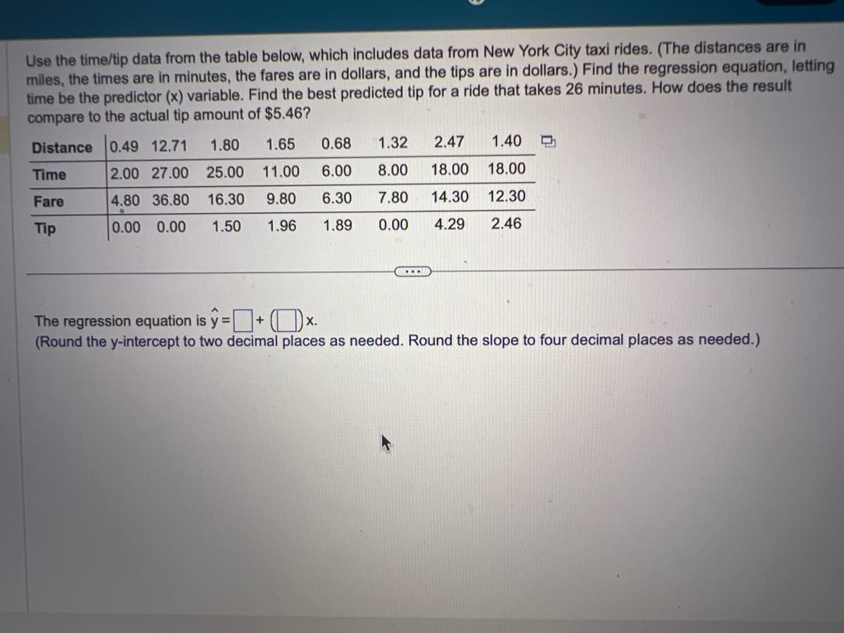 Use the time/tip data from the table below, which includes data from New York City taxi rides. (The distances are in
miles, the times are in minutes, the fares are in dollars, and the tips are in dollars.) Find the regression equation, letting
time be the predictor (x) variable. Find the best predicted tip for a ride that takes 26 minutes. How does the result
compare to the actual tip amount of $5.46?
Distance 0.49 12.71
2.00 27.00
4.80 36.80
0.00 0.00
Time
Fare
Tip
1.80 1.65
0.68
25.00 11.00
6.00
16.30 9.80
6.30
1.50 1.96 1.89
1.32 2.47
1.40 D
8.00 18.00 18.00
7.80 14.30 12.30
0.00
4.29 2.46
X.
.....
The regression equation is y=+x.
(Round the y-intercept to two decimal places as needed. Round the slope to four decimal places as needed.)