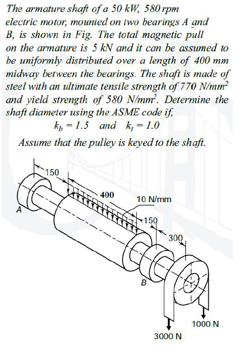 The armature shaft of a 50 kW, 580 rpm
electric motor, mounted on two bearings A and
B, is shown in Fig. The total magnetic pull
on the armature is 5 kN and it can be assumed to
be uniformly distributed over a length of 400 mm
midway between the bearings. The shaft is made of
steel with an ultimate tensile strength of 770 N/mm?
and yield strength of 580 N/mm?. Determine the
shaft diameter using the ASME code if,
k = 1.5 and k, = 1.0
Assume that the pulley is keyed to the shaft.
150
400
10 N/mm
150
300
1000 N
3000 N
