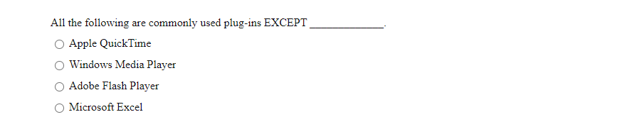 All the following are commonly used plug-ins EXCEPT.
Apple QuickTime
Windows Media Player
Adobe Flash Player
Microsoft Excel
