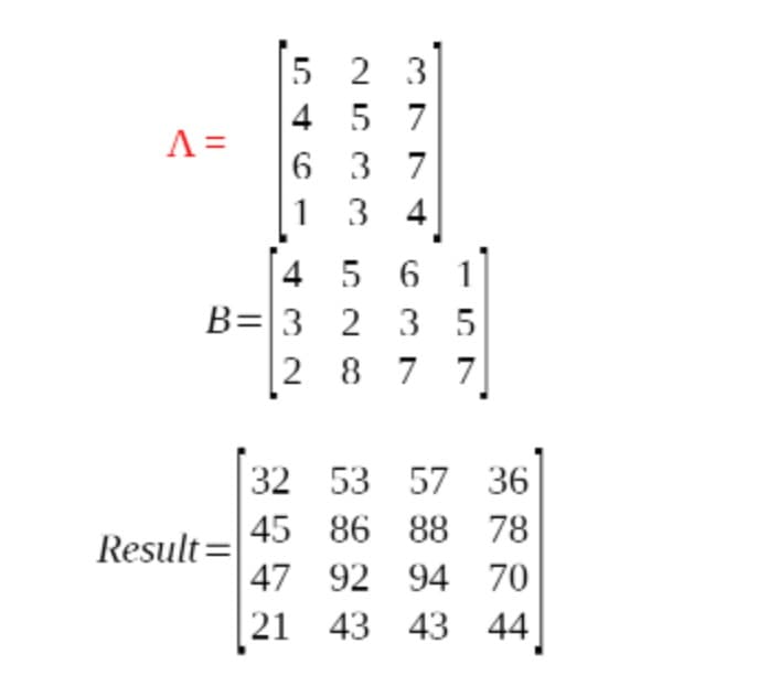 5 2 3
4 5 7
6 3 7
1 3 4
A =
4 5 6
B= 3 2 3 5
2 8 7 7
32 53 57 36
45 86 88
78
Result=
47 92 94 70
21 43 43 44.
1.
