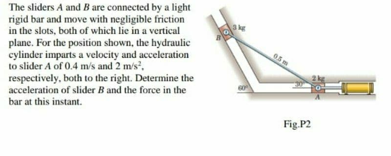 The sliders A and B are connected by a light
rigid bar and move with negligible friction
in the slots, both of which lie in a vertical
plane. For the position shown, the hydraulic
cylinder imparts a velocity and acceleration
to slider A of 0.4 m/s and 2 m/s,
3 kg
05 m
respectively, both to the right. Determine the
acceleration of slider B and the force in the
60
bar at this instant.
Fig.P2
