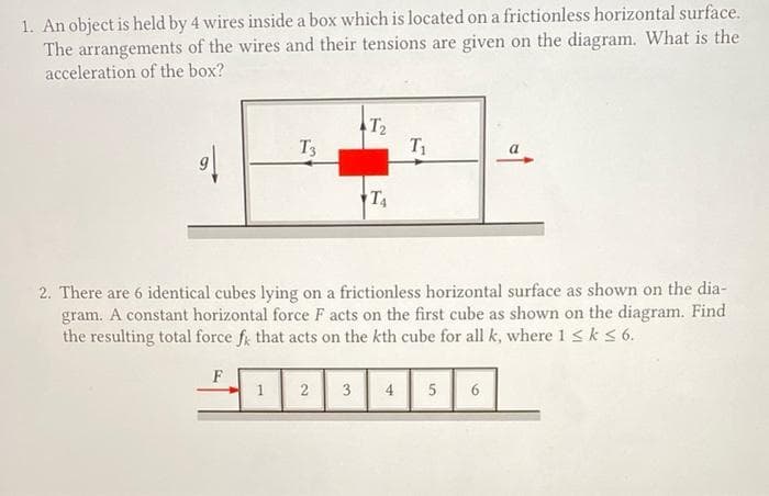 1. An object is held by 4 wires inside a box which is located on a frictionless horizontal surface.
The arrangements of the wires and their tensions are given on the diagram. What is the
acceleration of the box?
9|
F
T3
1
T₂
2 3
T₁
2. There are 6 identical cubes lying on a frictionless horizontal surface as shown on the dia-
gram. A constant horizontal force F acts on the first cube as shown on the diagram. Find
the resulting total force fk that acts on the kth cube for all k, where 1 ≤k ≤ 6.
T₁
4
a
5 6